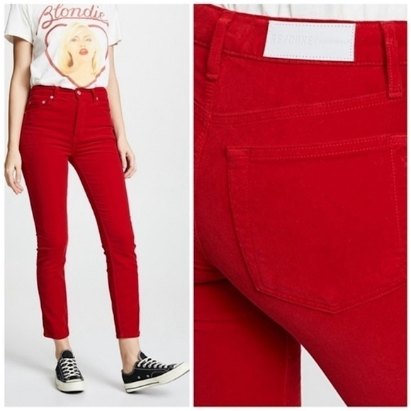 NWT RE/DONE Bella Hadid Red Velvet High Waist Button Fly Ankle Crop Slim Jean 26 - Picture 12 of 15